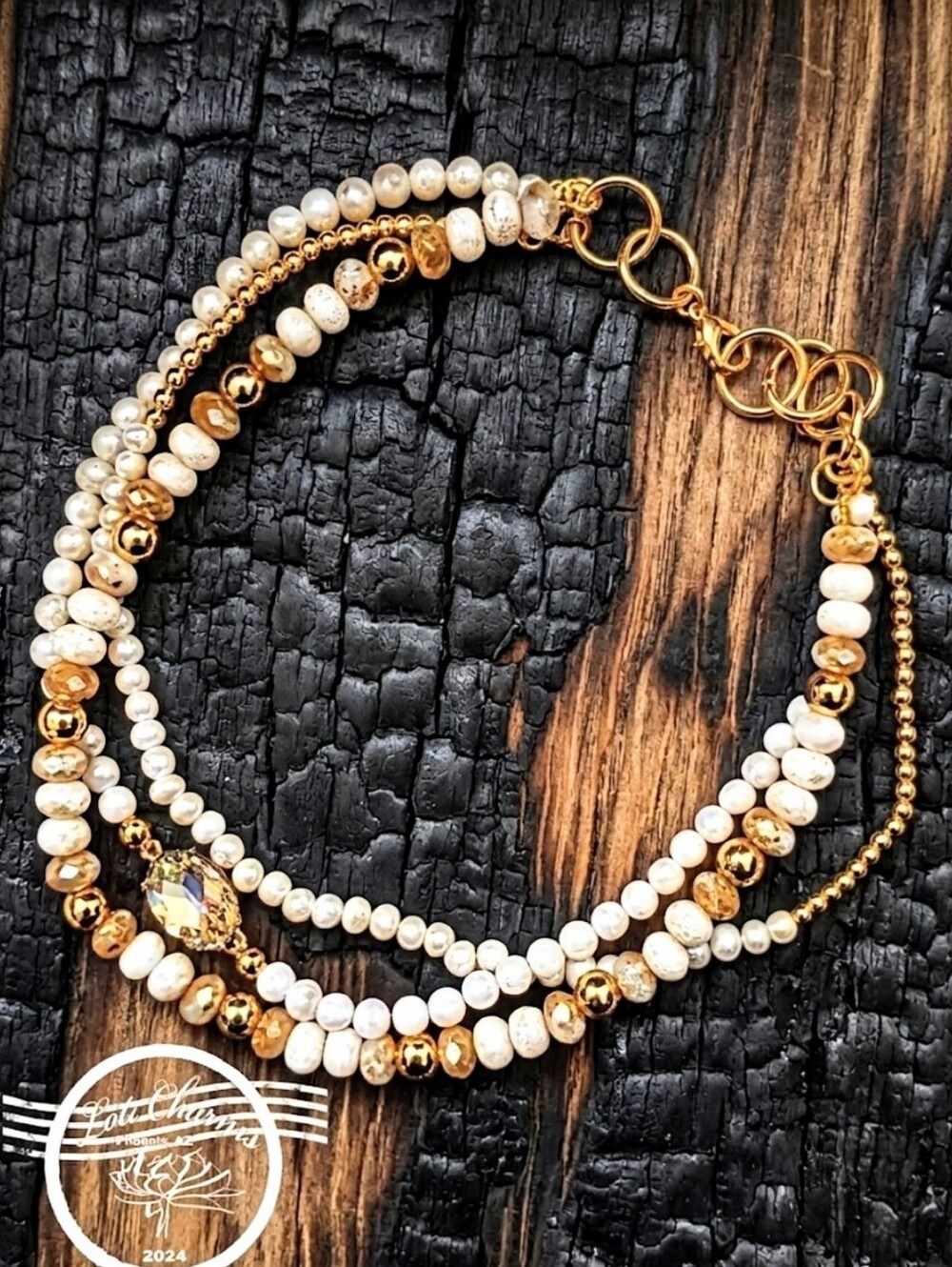 Natural White Mystic Moonstone, Natural Pearls & Glass In 3 Strand Gold Necklace